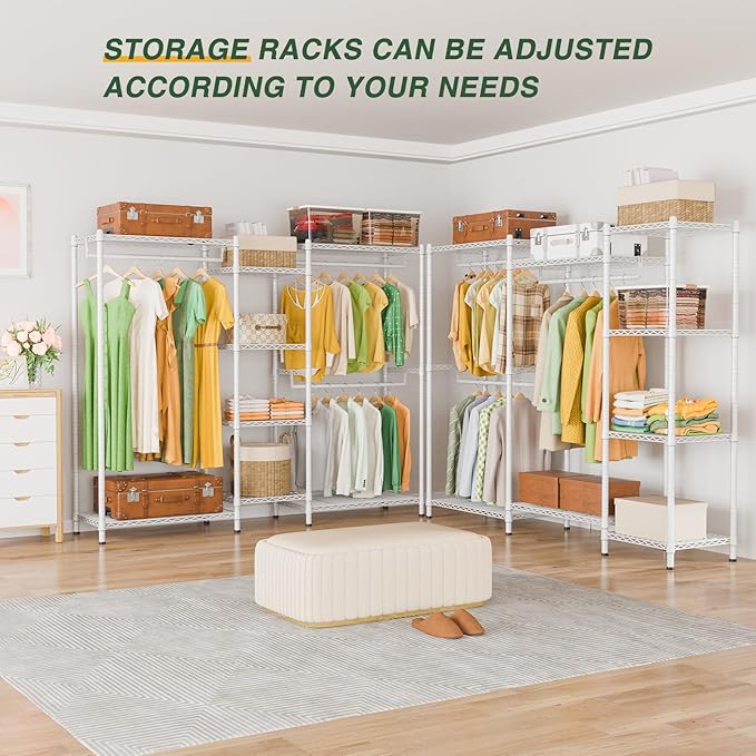 LEHOM G6M Heavy Duty Clothes Rack for Hanging Clothes, Portable Garment Rack Compact Size Closet Organizer, Freestanding Metal Clothing Rack Wardrobe Closet with Storage Shelves for Bedroom, White