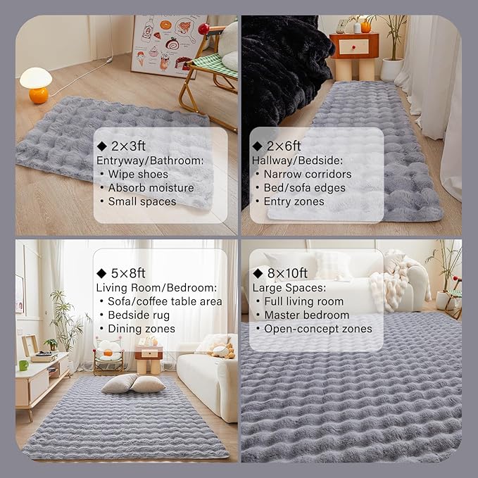 Gray Rabbit Plush Area Rug for Bedroom Living Room Sofa,3'X5' Faux Fur Fluffy Shaggy Rectangular Square Rug for Kids Teen Girls Room,Furry Carpet Rug for Nursery Baby Room Decor for Teenage