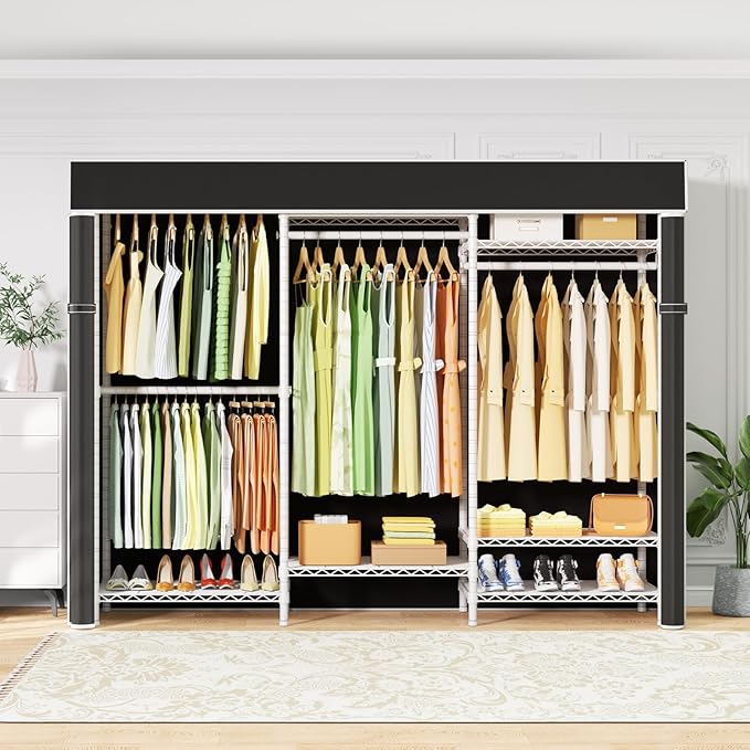 Ulif E13C Heavy Duty Closet Organizer System，Freestanding Clothing Racks for Hanging Clothes，Adjustable Garment Rack 63" W x 16" D x 77" H Hold 960 lbs，White Clothing Rack with Black Dustproof Cover