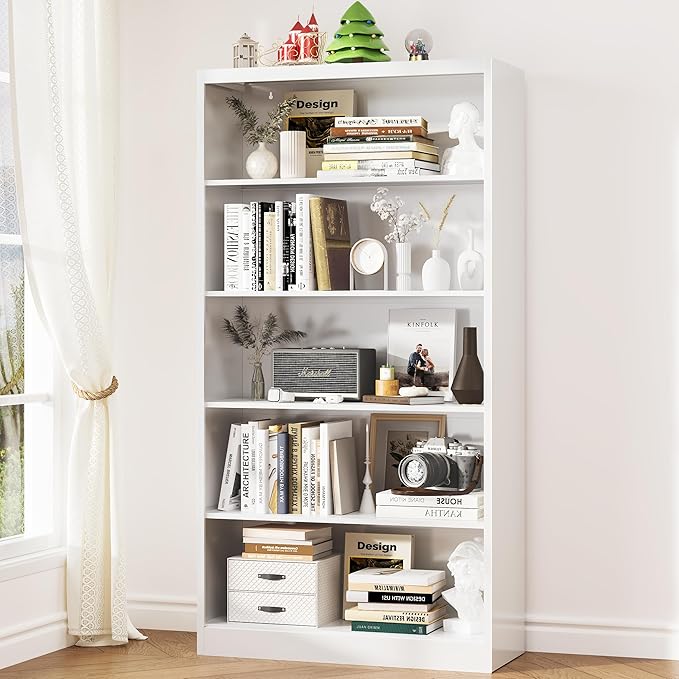 Book Shelf Organizer, Metal Bookshelves Adjustable, 5 Tier White Bookcase, Heavy Duty Open Bookshelf for Office, Living Room, Library, Bedroom, 65.8" Tall