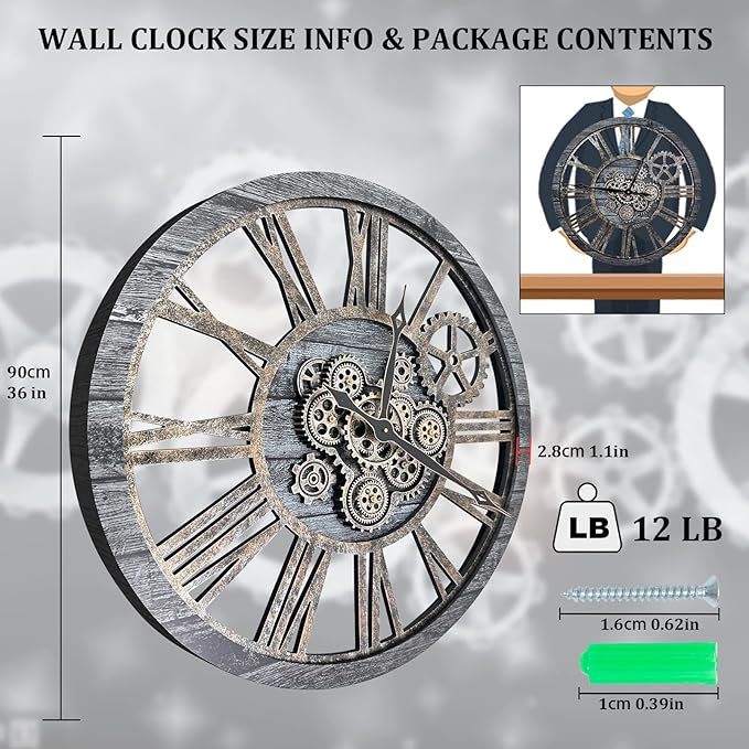 HOIBAI Large Wall Clock, Wall Clocks for Living Room Decor 36 Inch Farmhouse Vintage Rustic Kitchen Wall Decor Vintage Roman Oversized Wall Clock for Home Bedroom House, Moving Gears Clock