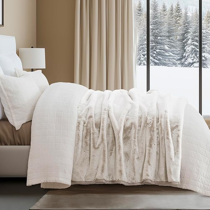 EVERGRACEHOME Ultra Soft Luxury Fluffy Mink Faux Fur Throw Blanket, Thick Warm Fall Winter Blankets for Bed, Couch, Cozy Plush Reversible Blanket for Chair, Sofa (Tipped Champagne Ivory, 60"x80")