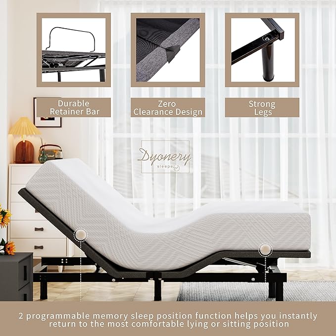 Queen Adjustable Bed Base Frame with Wireless Remote + 10 Inch Queen Green Tea Gel Memory Foam Mattress Bed in a Box, Head and Foot Incline, Zero Gravity, Fiberglass Free, 80" × 60"