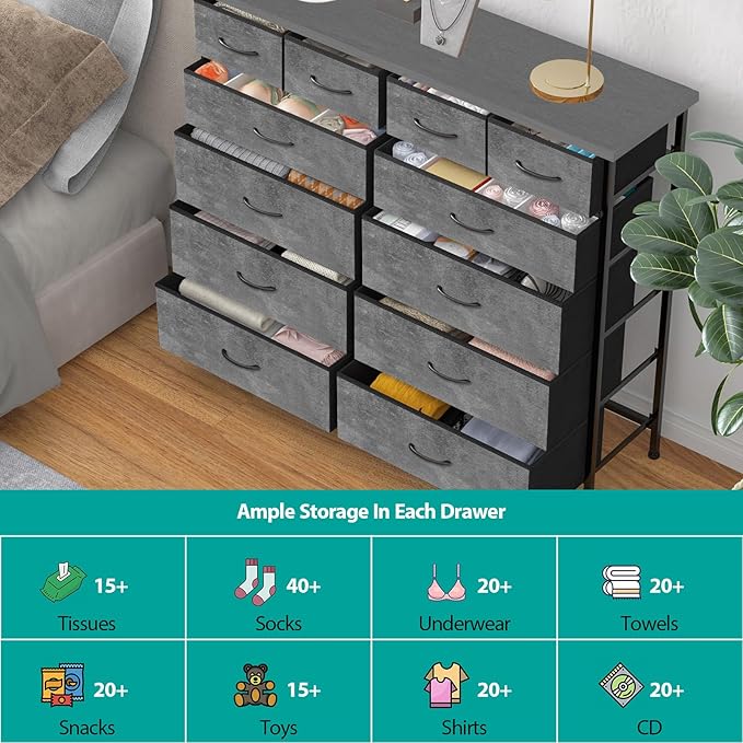Gray Dresser for Bedroom with 12 Deep Drawers, Wide Chest of Drawers, 55" Wood Top TV Stand, Tall Fabric Storage Cabinet for Closet, Nursery, Kid's Room