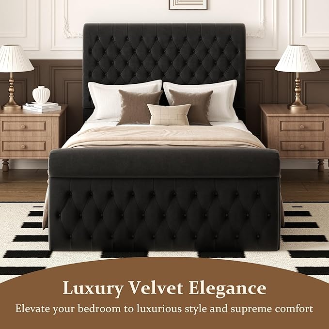 57.5" Tall Queen Upholstered Bed Frame with Rolled Headboard and Footboard, Plaform Bed Frame with Deep Button Tufting, Soft Chenille Fabric, Noise Free, No Spring Box Needed, Black