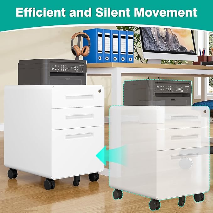 3 Drawer File Cabinet with Lock,Under Desk File Cabinet,White Rolling File Cabinet,Three Drawer Filing Cabinet for Home Office with Wheels,Fit A4/Letter/Legal File,Fully Assembled Except Casters