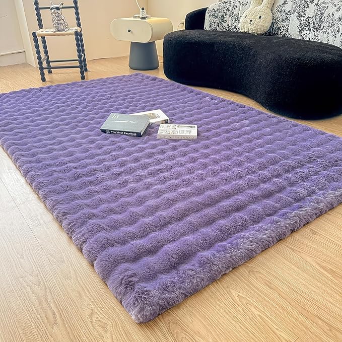 Purple Rabbit Plush Area Rug for Bedroom Living Room Sofa,3'X5' Faux Fur Fluffy Shaggy Rectangular Square Rug for Kids Teen Girls Room,Furry Carpet Rug for Nursery Baby Room Decor for Teenage