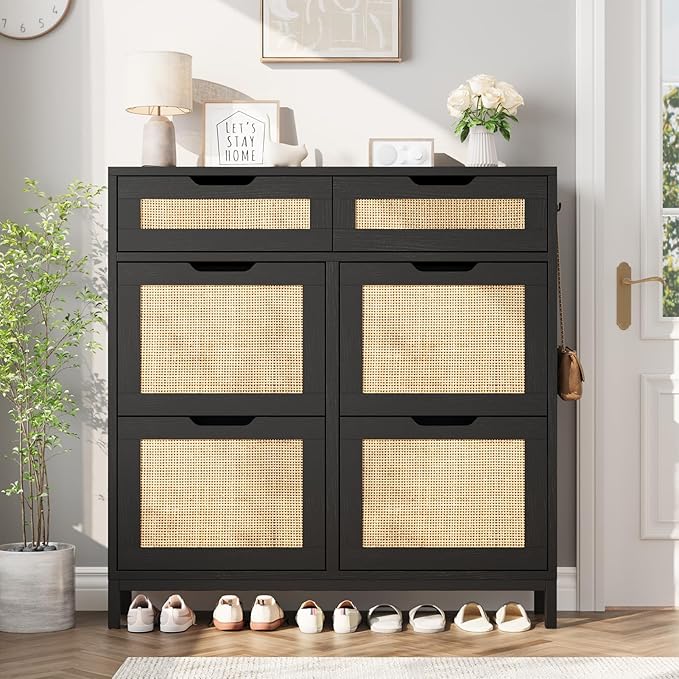 Rattan Shoe Cabinet for Entryway with 4 Flip Drawers & 2 Top Drawers, Freestanding Narrow Shoe Storage Cabinet with Metal Legs for Foyer, Hallway (Black)