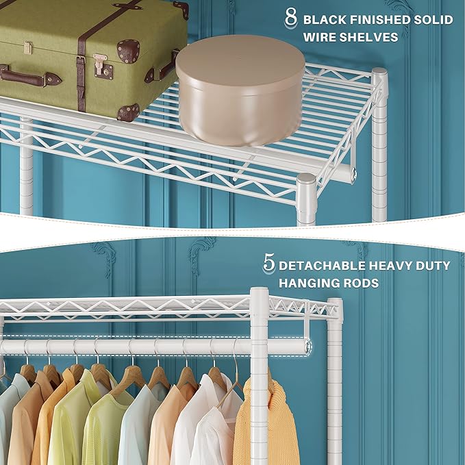 Raybee Clothing Rack for Hanging Clothes Heavy Duty Clothes Rack with Shelves,Portable,Adjustable,Metal,Max Load 900lbs,White