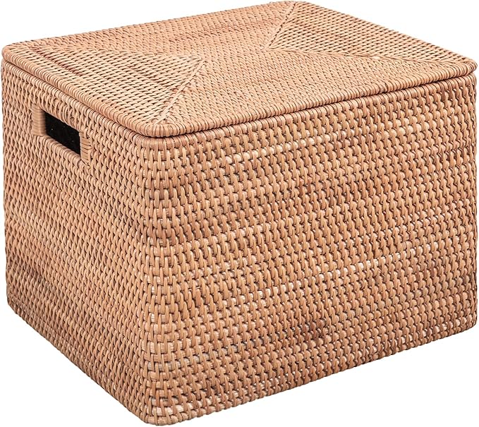 Rattan Basket With Lid, Large Lidded Basket For Storage(18.9" L×15.35"W×14.17"H)