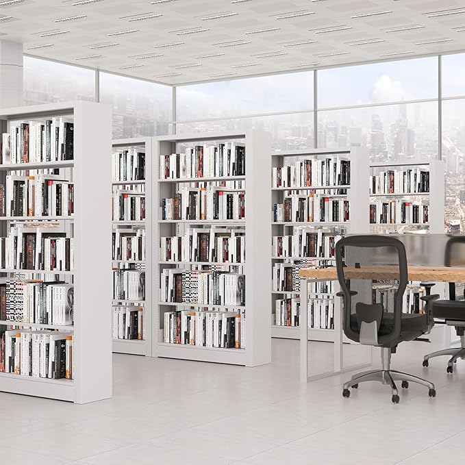 5 Tier White Bookshelf, 68.9" Tall Bookcase with Adjustable Storage Shelves, Heavy Duty Metal Book Shelf Organizer for Living Room, Office, Library, Including Book Stoppers