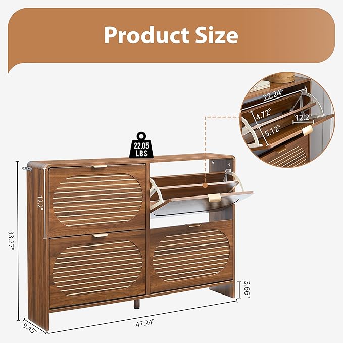 Narrow Shoe Storage Cabinet for Entryway with 4 Flip Drawers, Curved Edge Shoe Cabinet with Arched Stripe Panel, Freestanding Wood Shoe Organizer Closed Shoe Rack for Hallway, Foyer (Walnut)