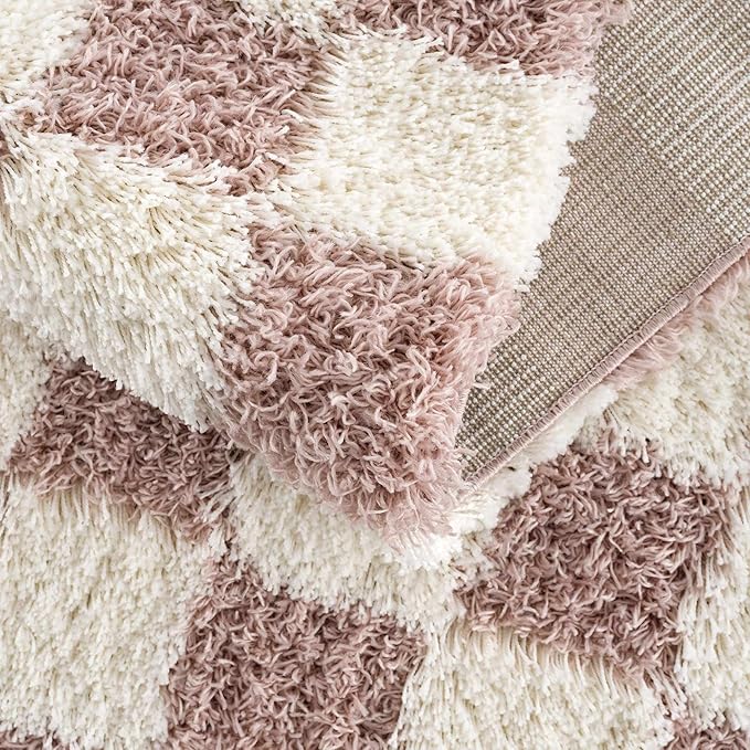 Hauteloom Atira Checkered Shag Runner Rug - Checkboard Design - High Pile Fluffy Shaggy Touch - Square Tiles - Kids Room, Hallway, Bedroom Shaggy Carpet - Pink, Cream, White - 2'7" x 7'3"