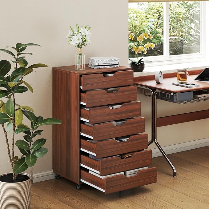 LOKO 7-Drawer Storage Cabinet, Versatile Drawer of Chest with Lockable Wheels, Mobile Office Lateral File Cabinet, for Home Office, Study (Walnut, 16" D x 19.5" W x 34.5" H)