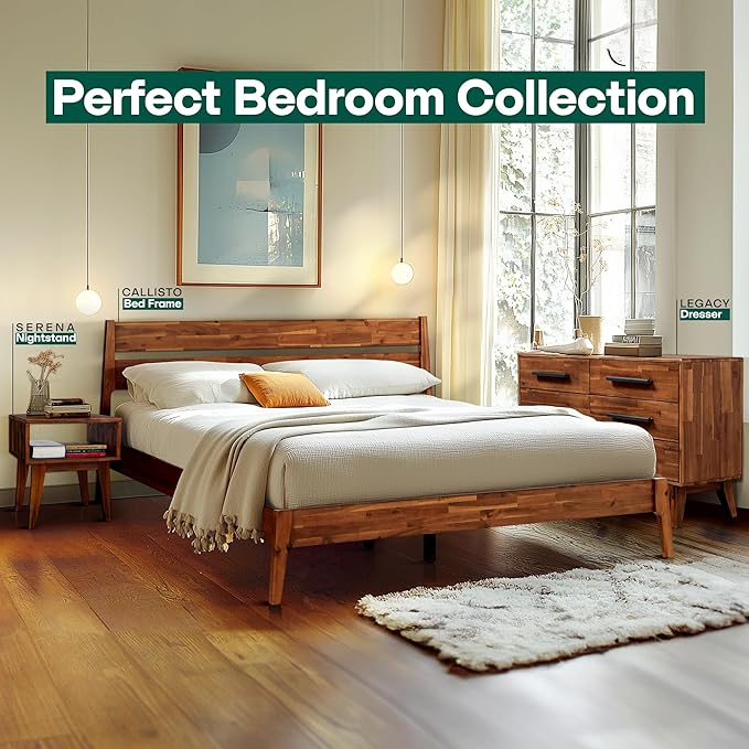 Acacia 2-Pcs King Bedroom Set Callisto – Solid Wood Platform Bed Frame with Headboard & Matching Nightstand, Mid-Century Modern, Walnut Finish, No Box Spring Needed, Sturdy, Easy Assembly