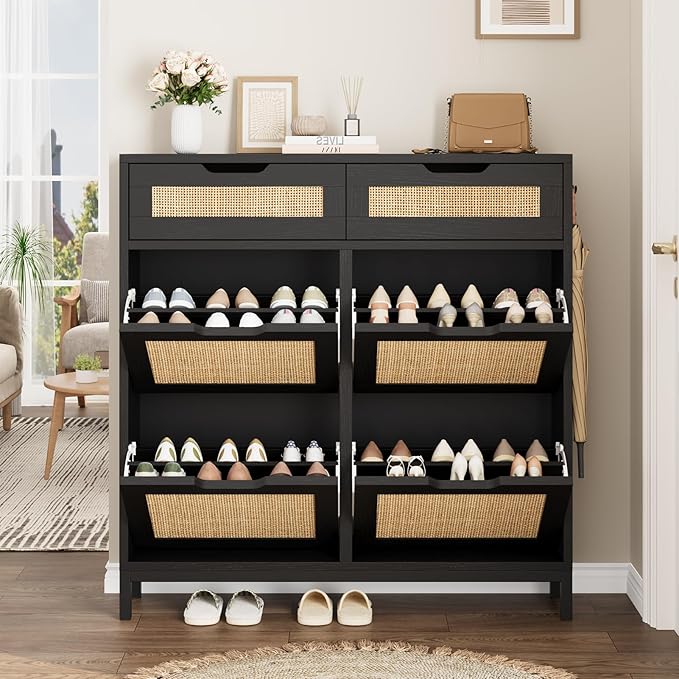 Rattan Shoe Cabinet for Entryway with 4 Flip Drawers & 2 Top Drawers, Freestanding Narrow Shoe Storage Cabinet with Metal Legs for Foyer, Hallway (Black)