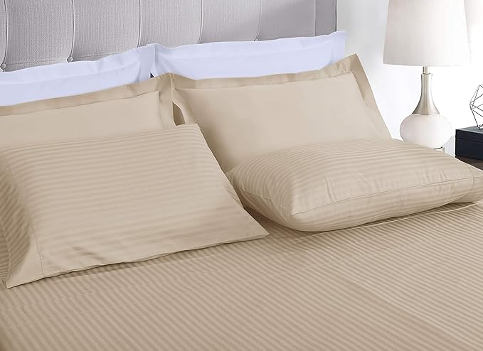 Threadmill 100% Cotton Sheets for King Size Bed - 600 Thread Count King Bed Sheets Set with 16” Deep Pocket - Damask Stripe Sateen Weave 4-Piece Bedding Set with Cooling Effect, Beige