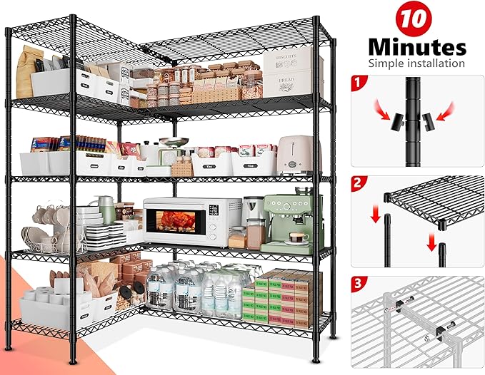 REIBII 5-Tier Heavy Duty Metal Wire Shelves, Industrial Style, 61.7"W x 72.4"H x 15.8"D, 1500 LBS Capacity, Adjustable, Rust Resistant, 2 Pack