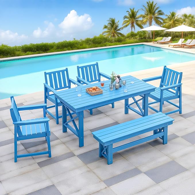 QUASCO Outdoor HDPE Dining Table Set, 6-Piece Outdoor Patio Dining Sets with Umbrella Hole Table and 1 Bench and 4 Chairs for Backyard, Deck, Garden and Poolside, Blue