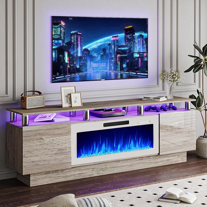 70" Modern Fireplace TV Stand with 36" Electric Fireplace for TVs Up to 80 inch, Luxury LED Light Entertainment Center with High Gloss Cabinet (Grey + Silver Posts with White Fireplace, 70'')