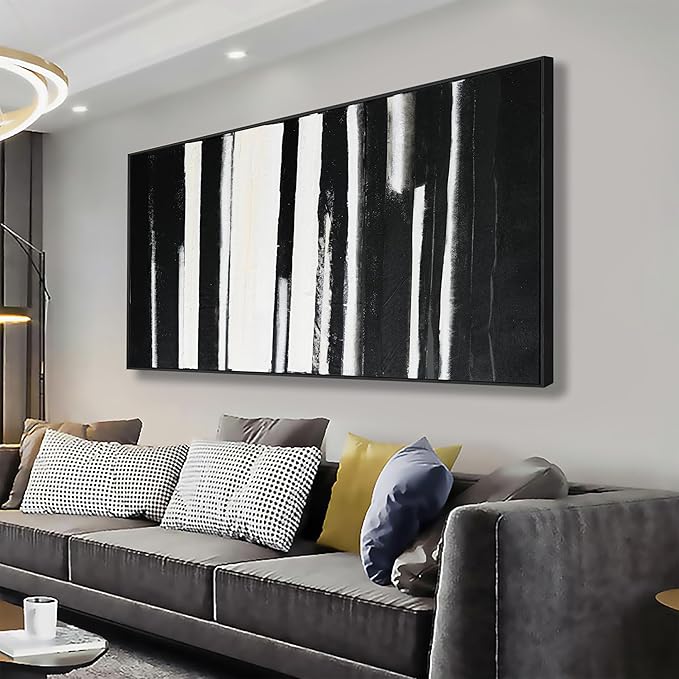 Framed Abstract Canvas Wall Art Decor Large Home Decor Wall Art Prints Black and White Minimalist Stripes Framed Artwork Modern paintings Wall Decorations for Living Room Wall Bedroom Kitchen Office Decor 29"×58"