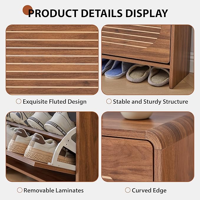 Curved Narrow Shoe Storage Cabinet for Entryway with 2 Flip Drawers, Wood Shoe Cabinet with Arched Panel, Freestanding Shoe Organizer Closed Shoe Rack for Hallway, Foyer, Walnut