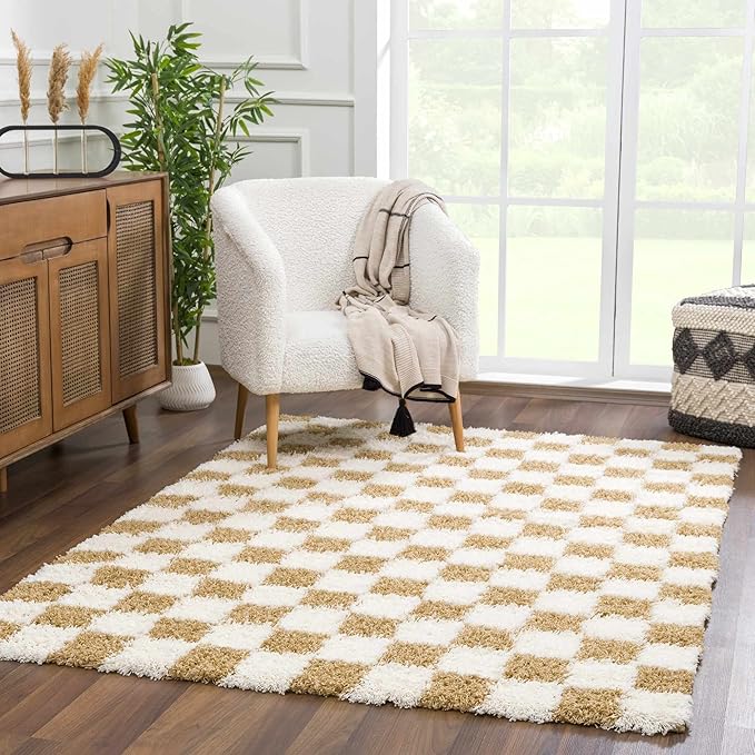 Hauteloom Atira Contemporary Checkered Fluffy Shag Runner Rug - Modern Geometric Carpet Tiles for Hallway, Kids Room - Plush Pile Carpet Squares - Yellow, Cream, White - 2'7" x 7'3"