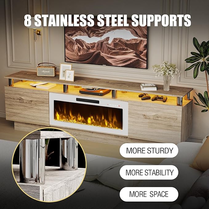 80" Modern Fireplace TV Stand with 36" Electric Fireplace for TVs Up to 90 inch, Luxury LED Light Entertainment Center with High Gloss Cabinet, Grey + Silver Posts with White Fireplace