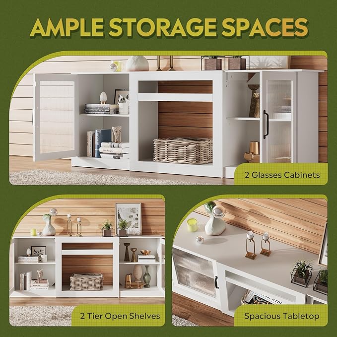 WLIVE Farmhouse TV Stand for 75 inch TV, Entertainment Center with Storage Cabinets, Mid Century Modern TV Console for Living Room, Bedroom, White