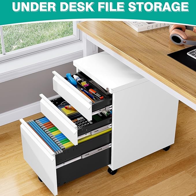 3 Drawer File Cabinet with Wheels,Under Desk File Cabinet with Lock,White Rolling Filing Cabinets,Three Drawer Metal Filing Cabinet for Home Office,Fit A4/Letter/Legal,Fully Assembled Except Caster