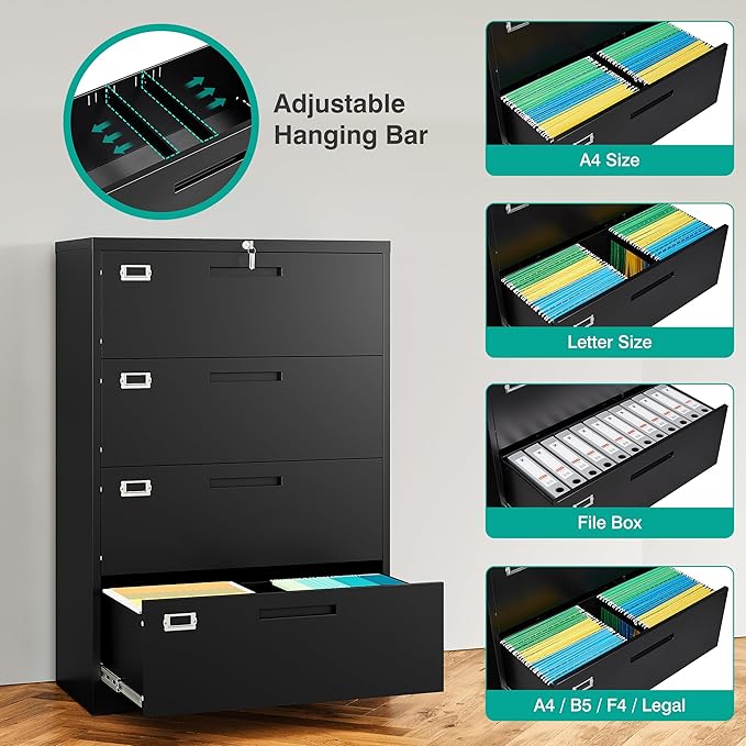 SISESOL 4 Drawer Lateral File Cabinet with Lock,Black Lateral Filing Cabinet,Horizontal Metal Filing Cabinet,Locked Wide Four Drawer File Cabinet for Office Home,Fit A4/F4/Letter/Legal File