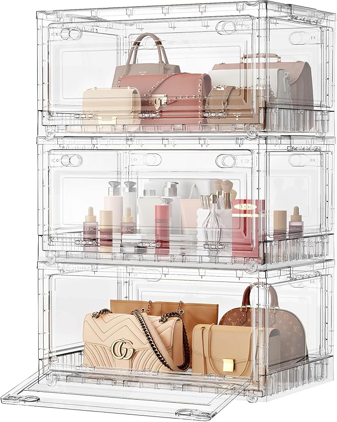 BROVIEW Clear Stackable Storage Bins Drawers, Open Front Large Plastic Storage Bins with Lids, Foldable Closet Organizers and Storage for Wardrobe Cabinets, Pantry, Makeup,3 Pack