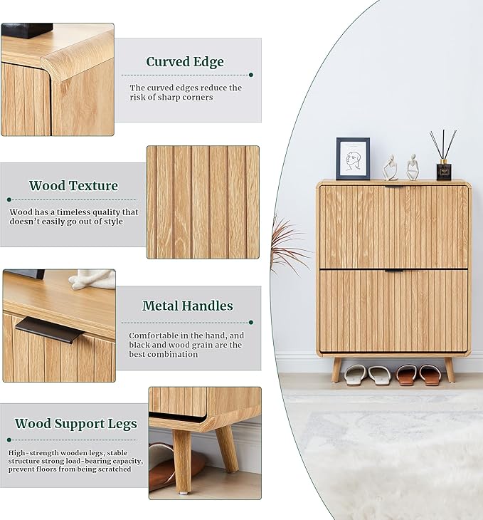 Narrow Shoe Cabinet for Entryway, Fluted Shoe Cabinet Storage with 2 Flip Drawers, Slim Shoes Rack Organizer (Natural)