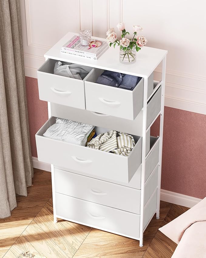 Crestlive Products Vertical Dresser Storage Tower - Sturdy Steel Frame, Wood Top, Easy Pull Fabric Bins, Handles - Organizer Unit for Bedroom, Hallway, Entryway, Closets - 7 Drawers (White)