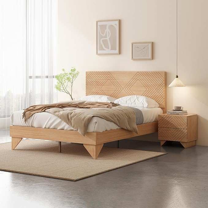 MUSEHOMEINC Solid Wood Platform Bed Frame, Full Size Bed Frame with Line Diamond Pattern Headboard,Wood Slat Support,No Box Spring Needed, Modern Minimalist Wooden Bedframe, Easy Assembly (Full)