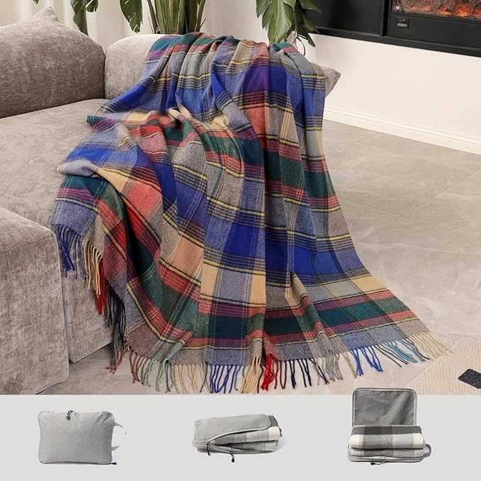 Wool Throw Blanket Plaid Blankets 83" x 55" Tartan Outdoor Camping Couch Sofa Bed Soft Warm Throws for Home Decor,1.5lb