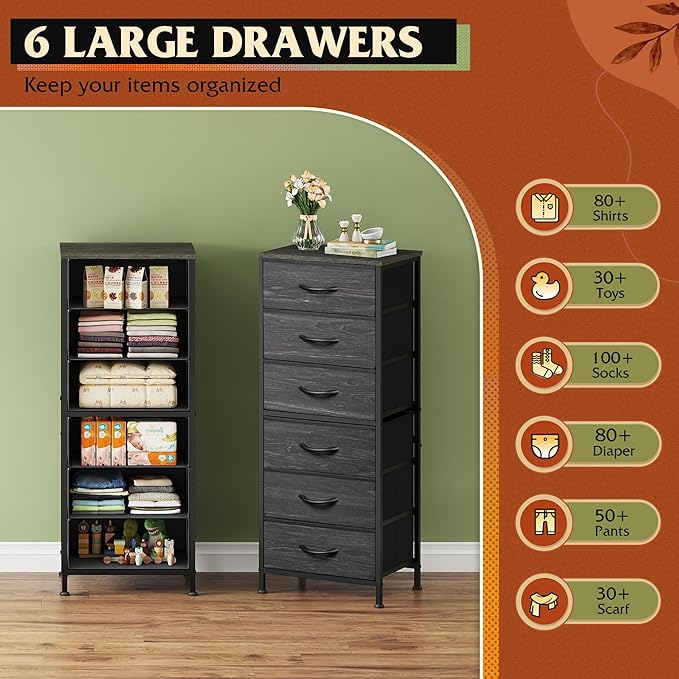 WLIVE Tall Dresser for Bedroom, 6 Drawer Dressers & Chests of Drawers, Fabric Dresser for Closet, Night Stand with Metal Frame, Storage Tower with Fabric Bins, Woodtop, Charcoal Black Wood Grain Print