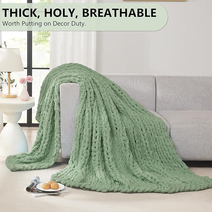 L'AGRATY Chunky Knit Blanket Throw - Soft Throw Blanket 60x80: 100% Hand Kintted Chenile Crochet Throw Blanket for Couch - Large Cable Knit Blanket for Home Decor (Sage Green)
