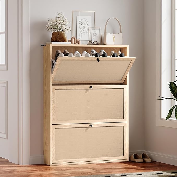 Shoe Storage Cabinet with 3 Flip Drawers, Narrow Wood Shoes Cabinet with Linen Doors Drawer, Freestanding Shoe Organizer Slim Shoe Cabinet Storage Shoe Rack for Entryway Hallway (Natural)