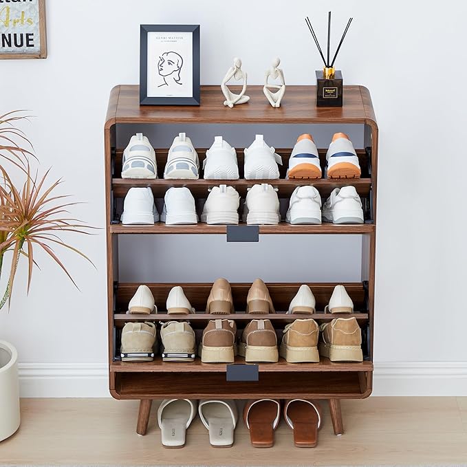 Narrow Shoe Cabinet for Entryway, Fluted Shoe Cabinet Storage with 2 Flip Drawers, Slim Shoes Rack Organizer (Walnut)