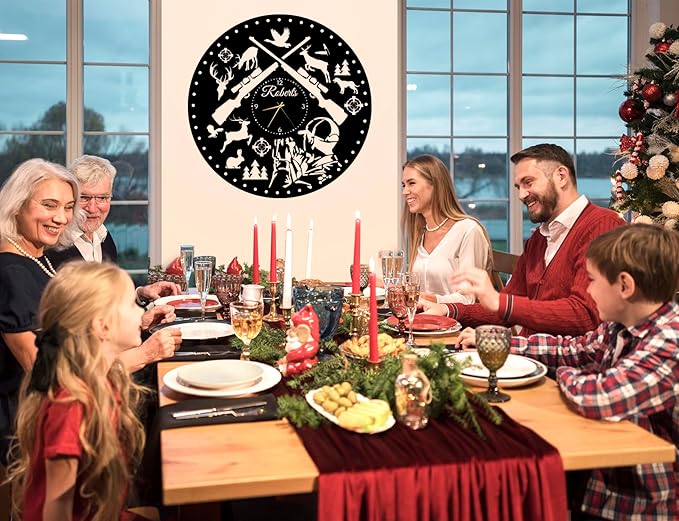 YTDESIGN Custom Wall Clock with Family Last Name, Personalized Metal Wild Animals Theme Wall Clock, Hunter's Gift, Housewarming Present