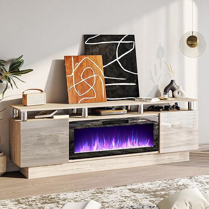 70" Modern Fireplace TV Stand with 36" Electric Fireplace for TVs Up to 80 inch, Luxury LED Light Entertainment Center with High Gloss Cabinet, TV Consoles for Living Room, Grey
