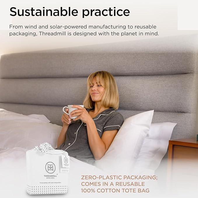 Threadmill 100% Cotton Sheets for King Size Bed - 600 Thread Count King Bed Sheets Set with 16” Deep Pocket - Jacquard Sateen Weave 4-Piece Bedding Set with Cooling Effect, White