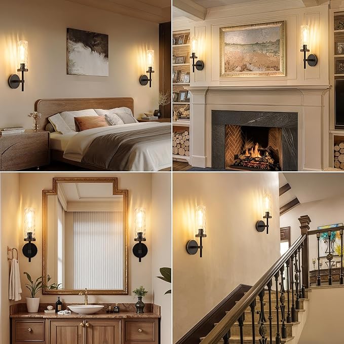 15" Knurled Brass Wall Sconces Set of 2, Black Gold Bathroom Vanity Light Fixtures with Water Ripples Glass Tube, Modern Lamp Lighting for Bedroom, Living Room, Hallway, Staircase, Mirror, Kitchen