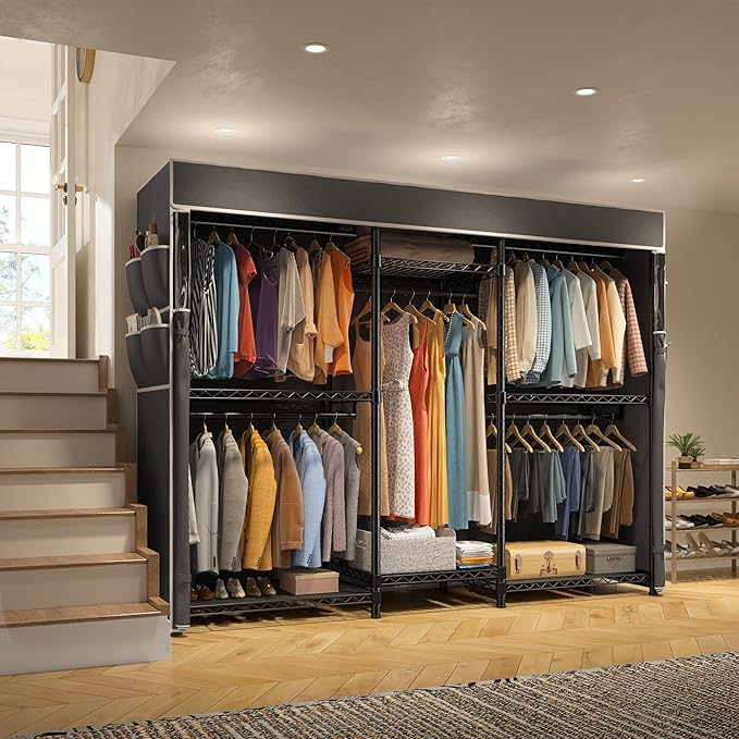 Raybee Heavy Duty Clothes Rack with Cover Clothing Rack for Hanging Clothes,Portable, Adjustable,Metal,Max Load 900lbs,Black