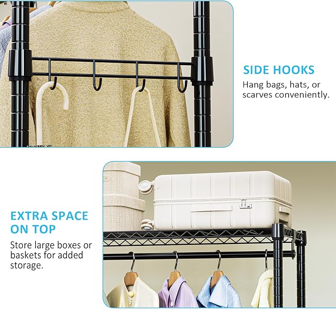 IZEUK Heavy Duty Rolling Garment Rack with 3 Adjustable Wire Shelves, 2 Hanging Rods & Side Hooks - Extra Large Mobile Clothes Rack with Wheels, 47.2" W x 17.7" D x 83.6" H, Black