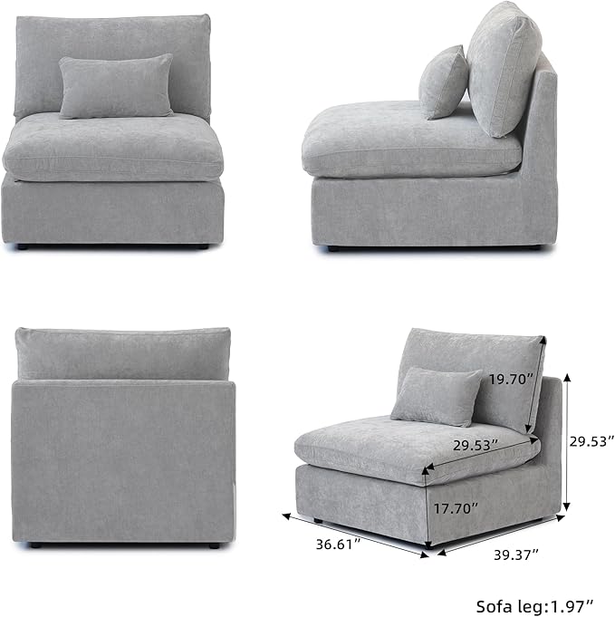 WJShome Modern Middle Module Couch for Living Room, Cushion Covers Removable, Minimalist Comfy Breathable Sofa,Gray