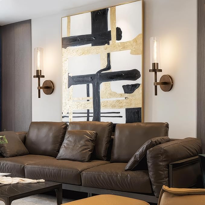 15" Knurled Brass Wall Sconces Set of 2, Bronze Bathroom Vanity Light Fixtures with Clear Glass Tube, Modern Lamp Lighting for Bedroom, Living Room, Hallway, Staircase, Mirror, Kitchen