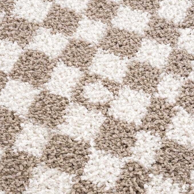 Hauteloom Kieu Contemporary Checkered Fluffy Shag Runner Rug - Modern Geometric Soft Carpet Tiles for Hallway, Kids Room, Nursery - Gray, Taupe, White - 2'7" x 7'3"