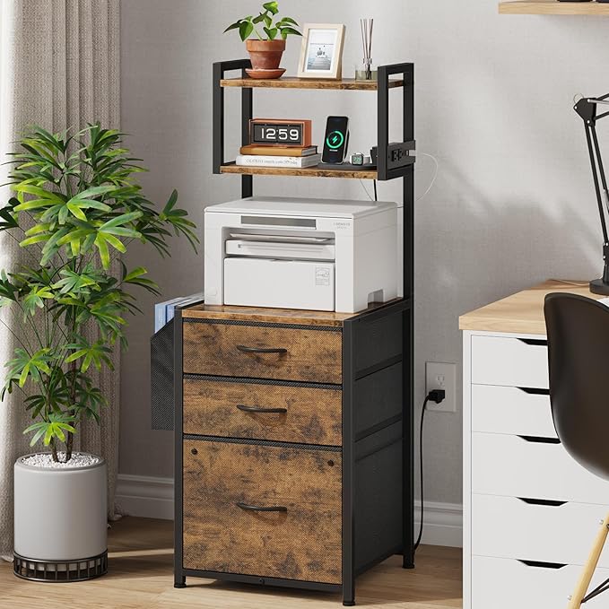 Larger File Cabinet with Charging Station and 3 Fabric Drawer, 3-Tier Tall Filing Cabinet for Home Office with Storage Shelf, Fabric Drawer, Fits A4/Letter Size, 15''W, Rustic Brown